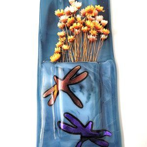 New Blue Glass Hanging Wall Vase with 2 Dichroic Glass Dragonflies and Dried Flo